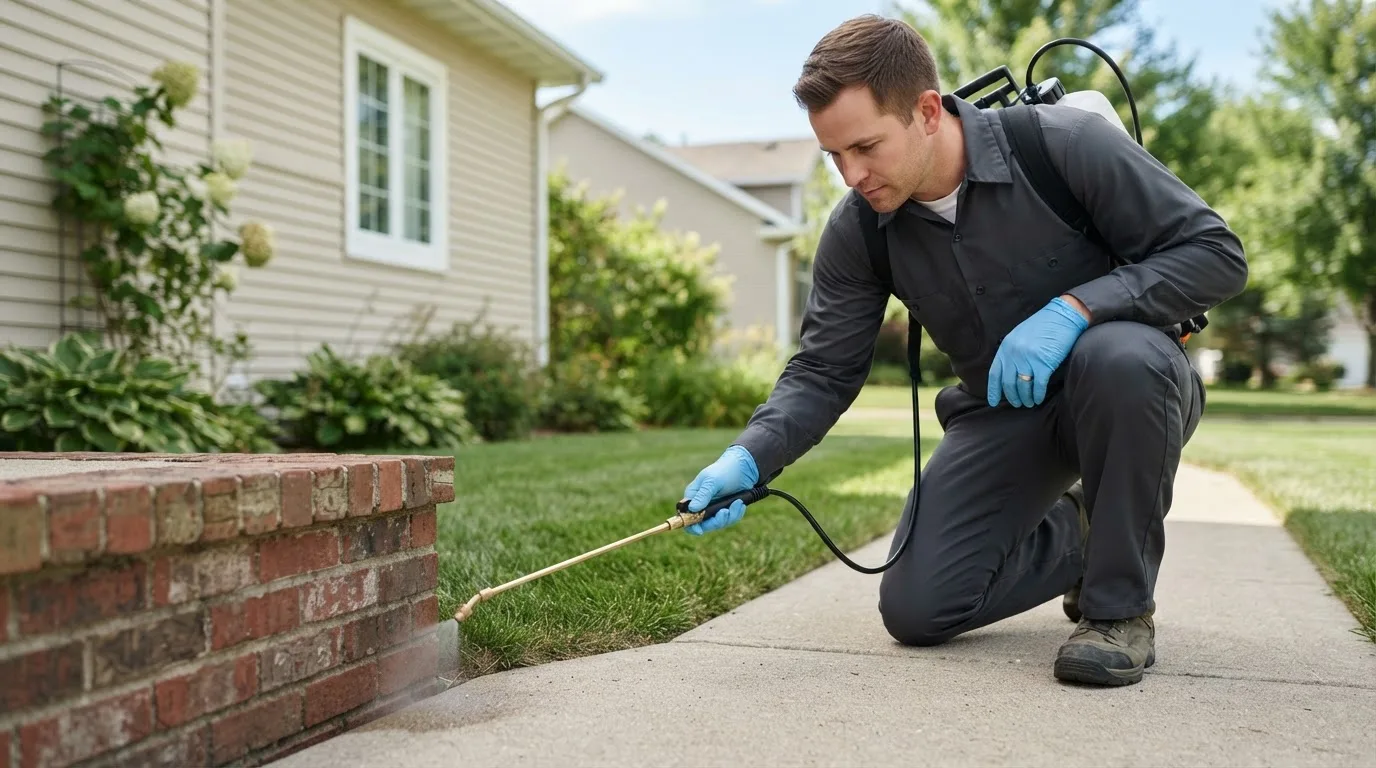 Pest control technician treating a home near Clarendon, TX