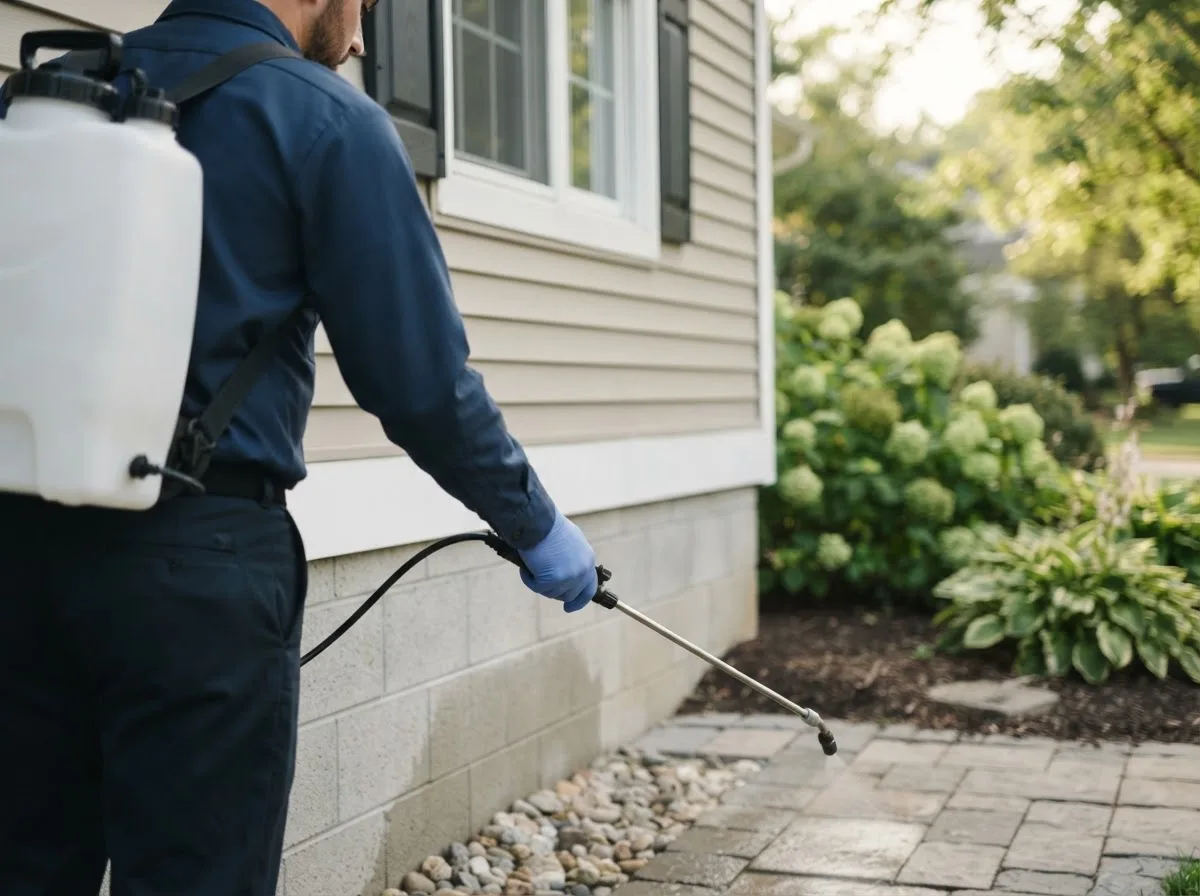 Pest control technician inspecting a home in Clarendon, TX